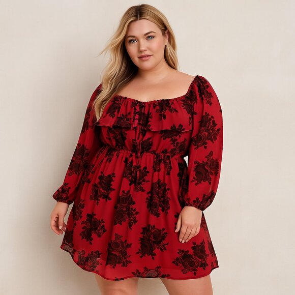Torrid Red Black Rose Floral Chiffon Dress 0 Romantic Goth Dark Look - Picture 1 of 8